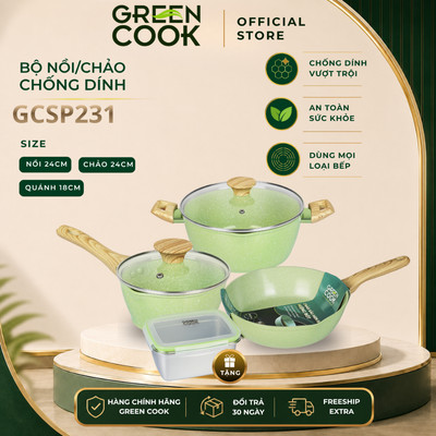 Combo 2 nồi (18,24cm) và 1 chảo (24cm) men đá chống dính PFOA free miệng rót Green Cook GCS231-18/24 + GCP231-24