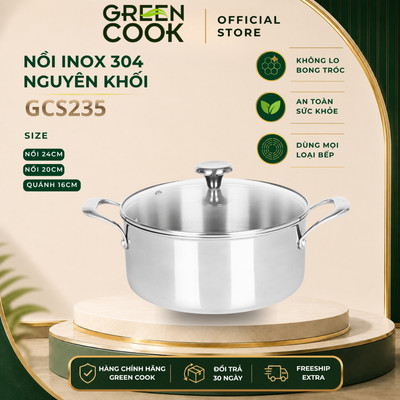 Nồi Inox 304 cao cấp 3 lớp Premium đáy liền nguyên khối PFOA free Green Cook GCS235
