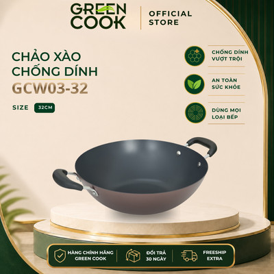 Chảo xào thép sâu chống dính 32cm Green Cook GCW03-32IH - Chính Hãng