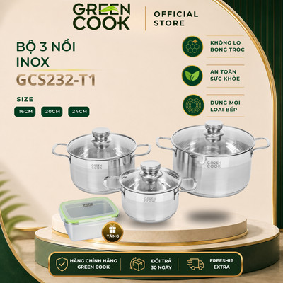 Bộ nồi Inox 201 cao cấp 5 đáy GCS232-T1 Green Cook siêu bền sử dụng được trên bếp từ ( Các loại bếp )