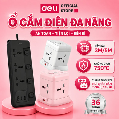 Ổ Cắm Điện Đa Năng DELI 2500W USB Type-C Dây 3m 5m Ổ Điện Nhiều Màu Cao Cấp Chống Cháy Tương Thích Nhiều Chân Cắm
