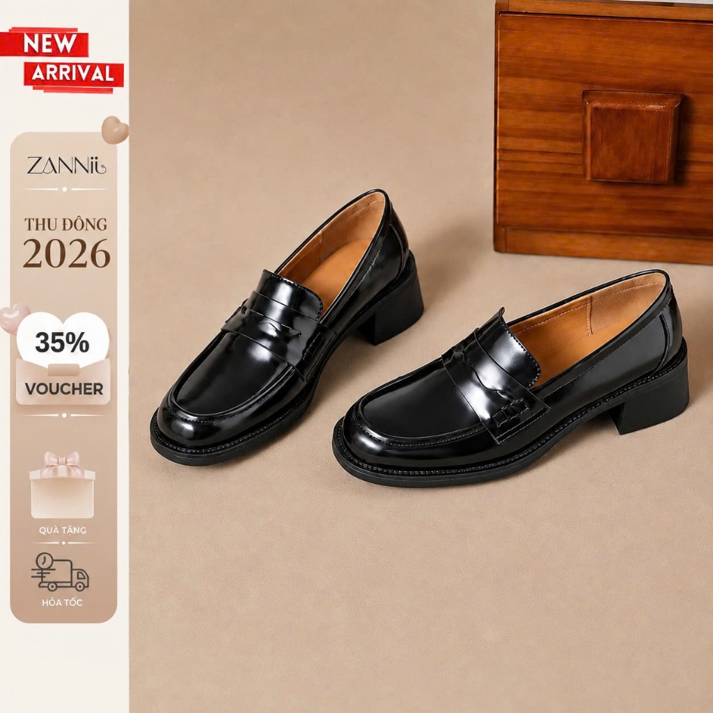 Giày Penny Loafer Classic Nữ Đế Cao 4.5cm Da Bóng Mũi Tròn Phong Cách Công Sở Thanh Lịch