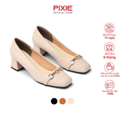 Giày Cao Gót Nữ 5cm Mũi Vuông Gắn Khóa Nhỏ Êm Chân Pixie H436
