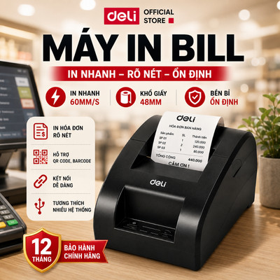 Máy In Đơn Deli Máy In Nhiệt In Hóa Đơn Bill Kết Nối USB, In QR Code, Barcode Cho Quán Cafe, Siêu Thị