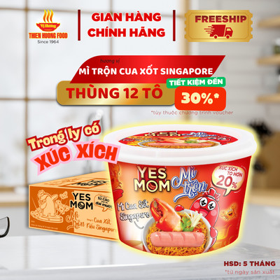 CÓ XÚC XÍCH TRONG TÔ - Thùng 12 tô Mì Trộn Có Xúc Xích Cua Xốt Singapore Yes Mom 113.2gram/tô [TMNBK0031]