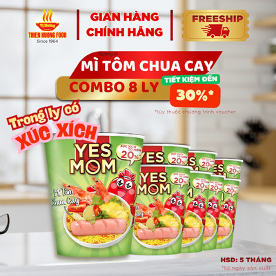 [ƯU ĐÃI] 8 LY MÌ CÓ XÚC XÍCH - Mì ly Yes Mom Tôm Chua Cay 79.2gram/ly
