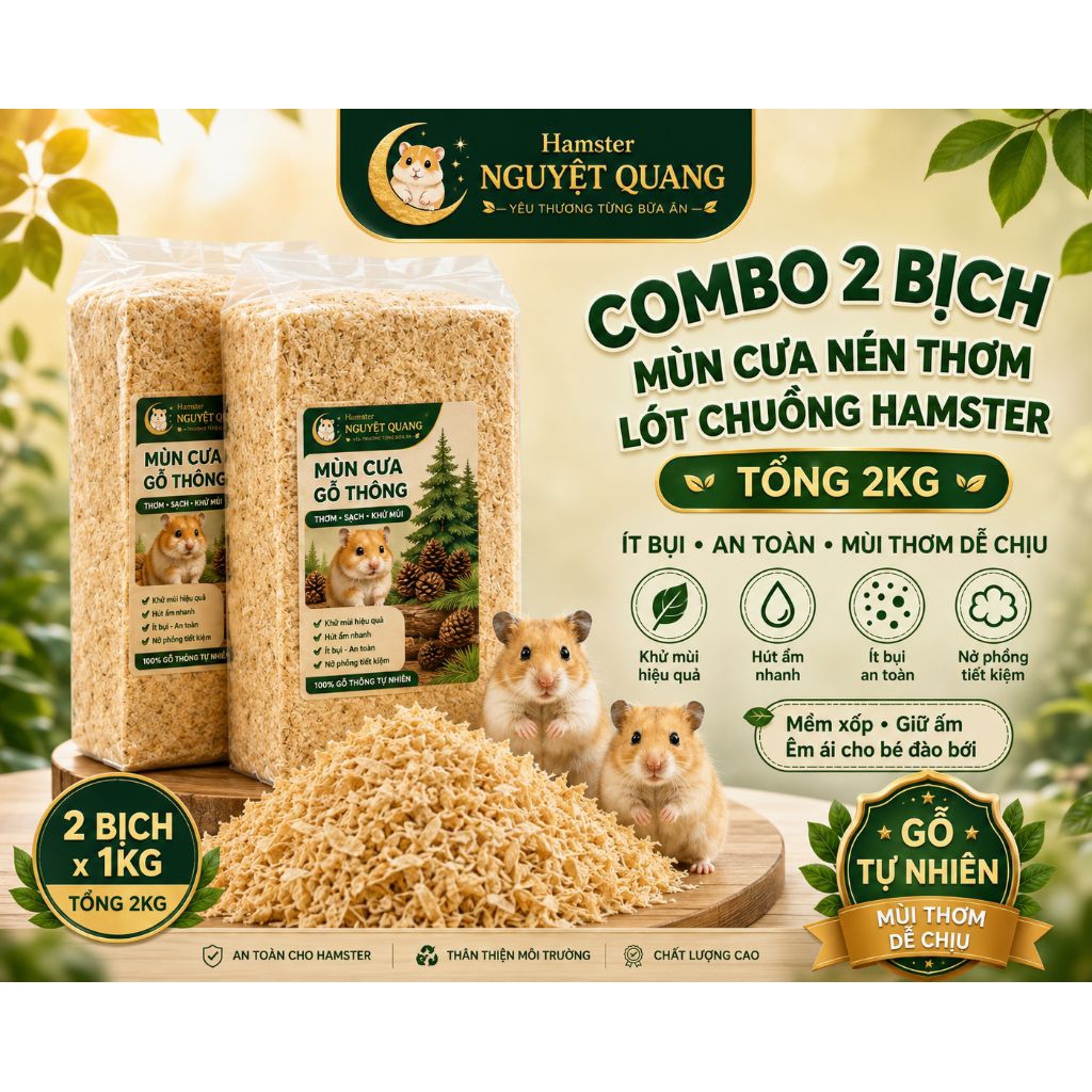 Mùn Cưa Gỗ Thông Lót Chuồng Hamster, Nhím, Bọ Ú, Chuột Cảnh – Khử Mùi, Hút Ẩm, Ít Bụi – Combo 2 Bịch