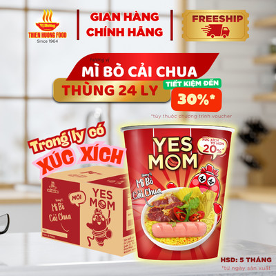 CÓ XÚC XÍCH TRONG LY - Thùng 24 ly Mì Bò Cải Chua Yes Mom Có Xúc Xích 79.2gram/ly   [TMNLY0018]