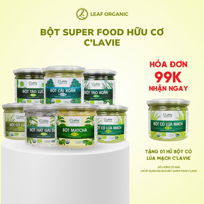 Bột Super Food Hữu Cơ C'Lavie Matcha/Cải Xoăn/Tảo Xoắn/Tảo Lục/Hạt Gai Dầu/Cỏ Lúa Mạch/Cỏ Lúa Mì Hũ 60g/100g