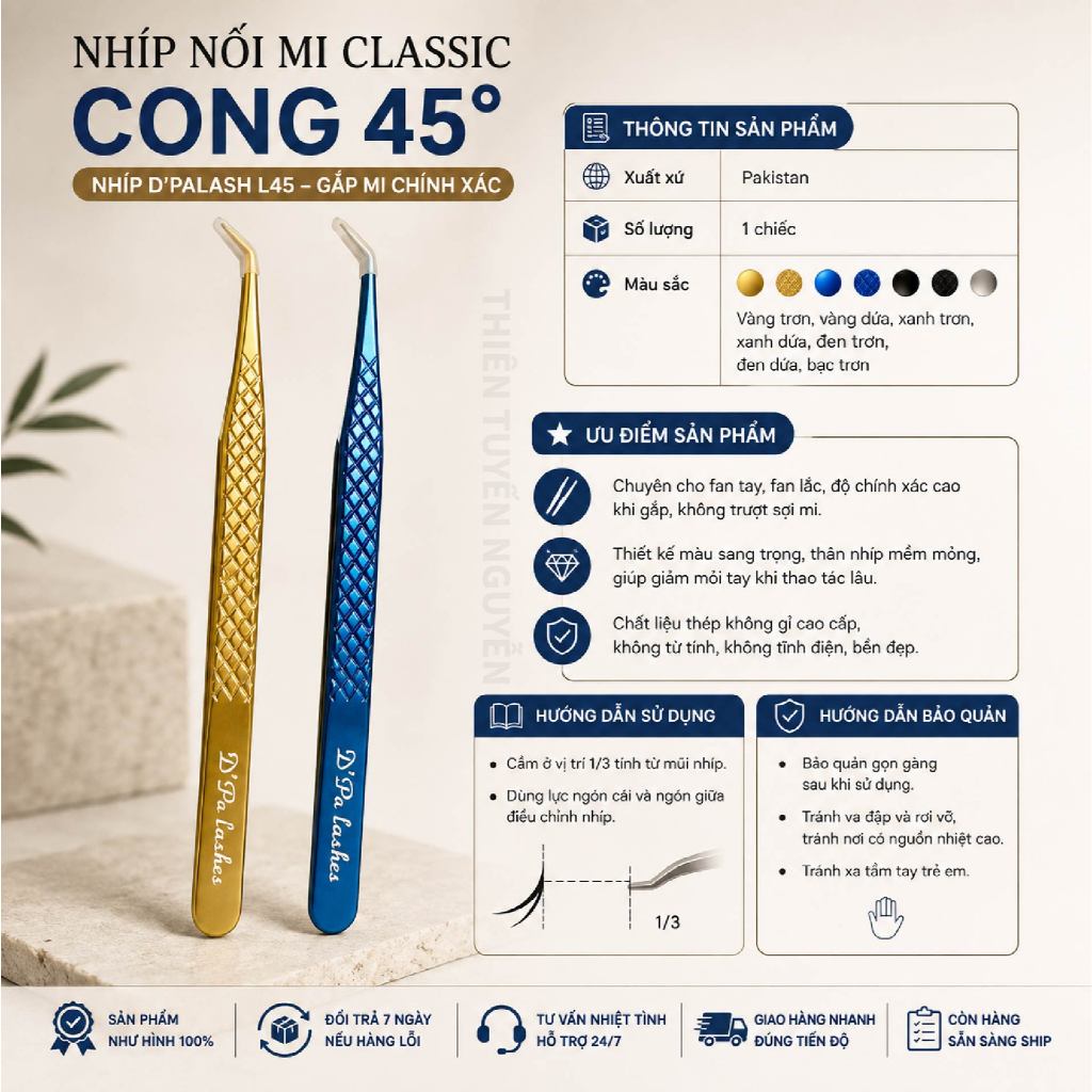 (BAO TEST) Nhíp L45, Nhíp nối mi Classic cong 45 độ cao cấp, dùng tách, nối classic, gắp mi