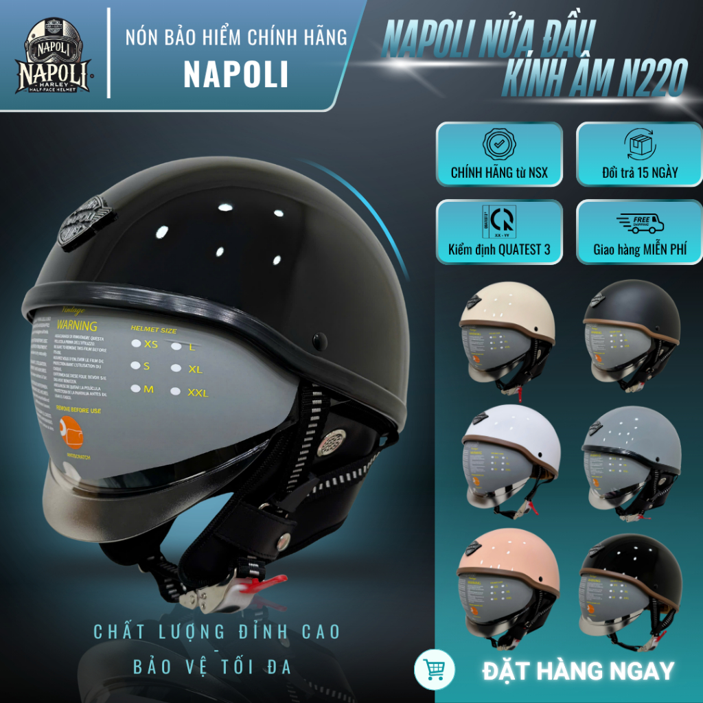 Mũ Bảo Hiểm Napoli N220 1/2 Kính Âm CHÍNH HÃNG - FREESHIP - Nón Bảo Hiểm Napoli Nửa Đầu Kính ÂM N220