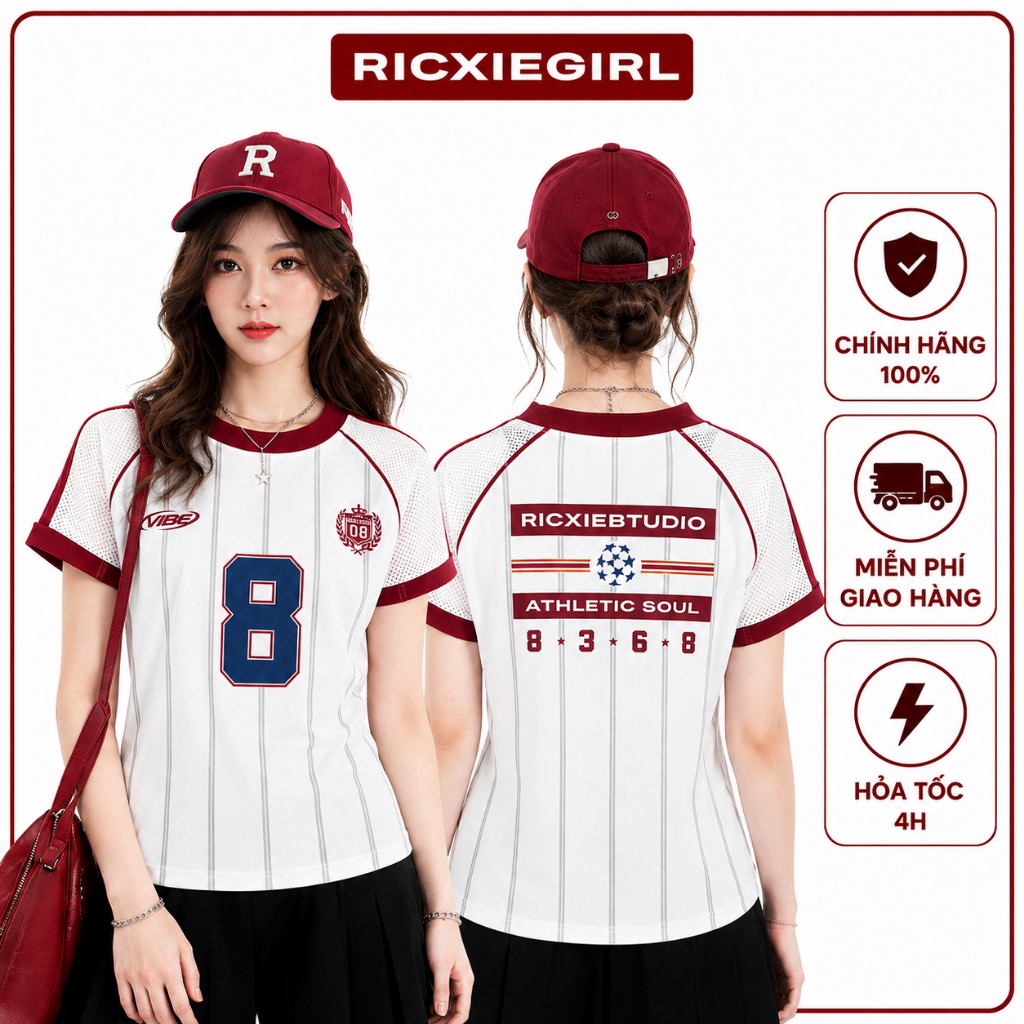 Áo Baby Tee RICXIE GIRL Nữ Form Ôm Tay Phối Lưới Jersey