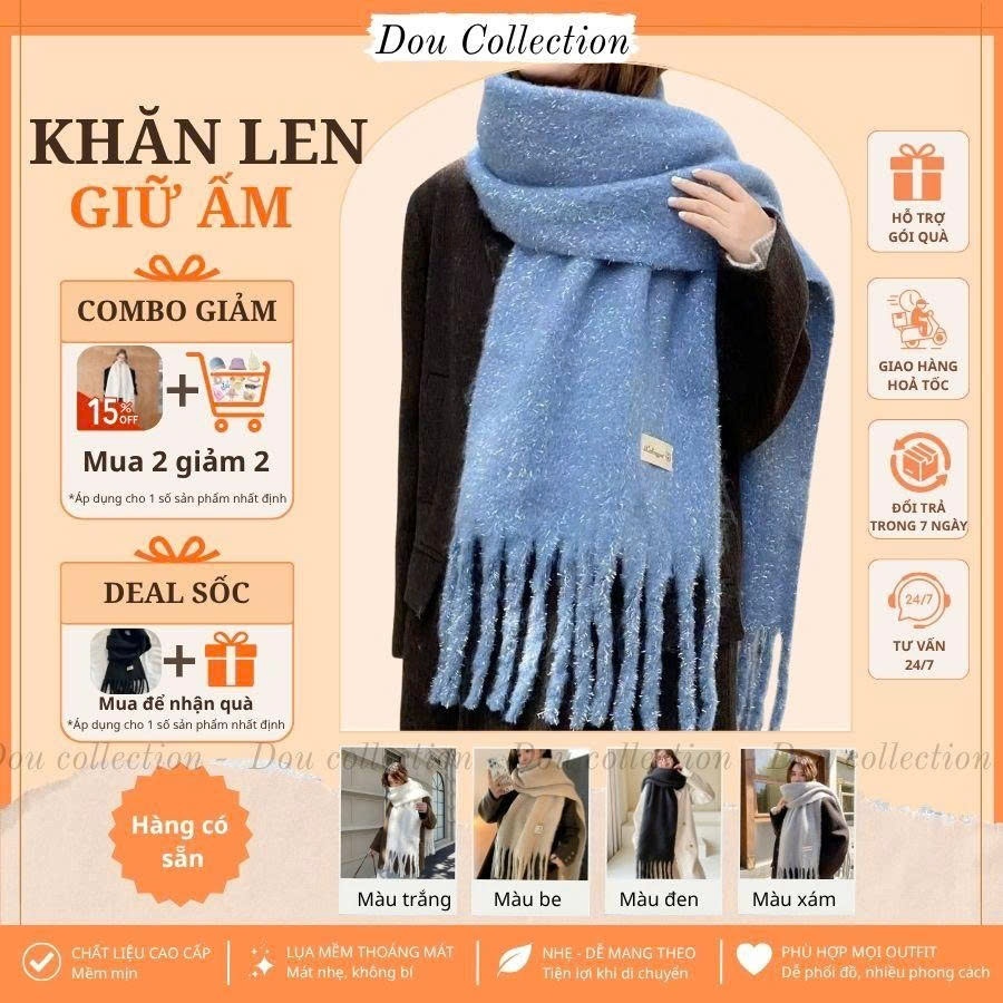 Khăn Len Nữ - Lông Thỏ Mềm Mịn Dáng Dài - Màu Trơn Basic Phối Tua Rua - Giữ Ấm Đi Chơi Du Lịch Thu Đ