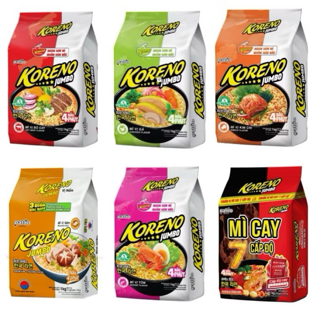 MÌ KORENO JUMBO 1KG GÀ/ TÔM/ BÒ CAY/ KIM CHI/ NẤM/ MÌ CAY 7 CẤP ĐỘ KORENO