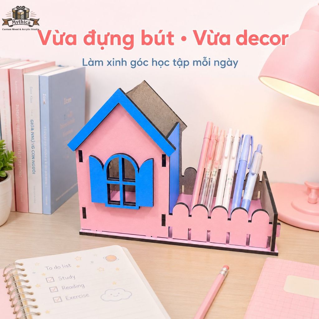 Hộp Bút Gỗ Để Bàn Pastel Hình Ngôi Nhà 5 Mẫu — ảnh listing minh họa