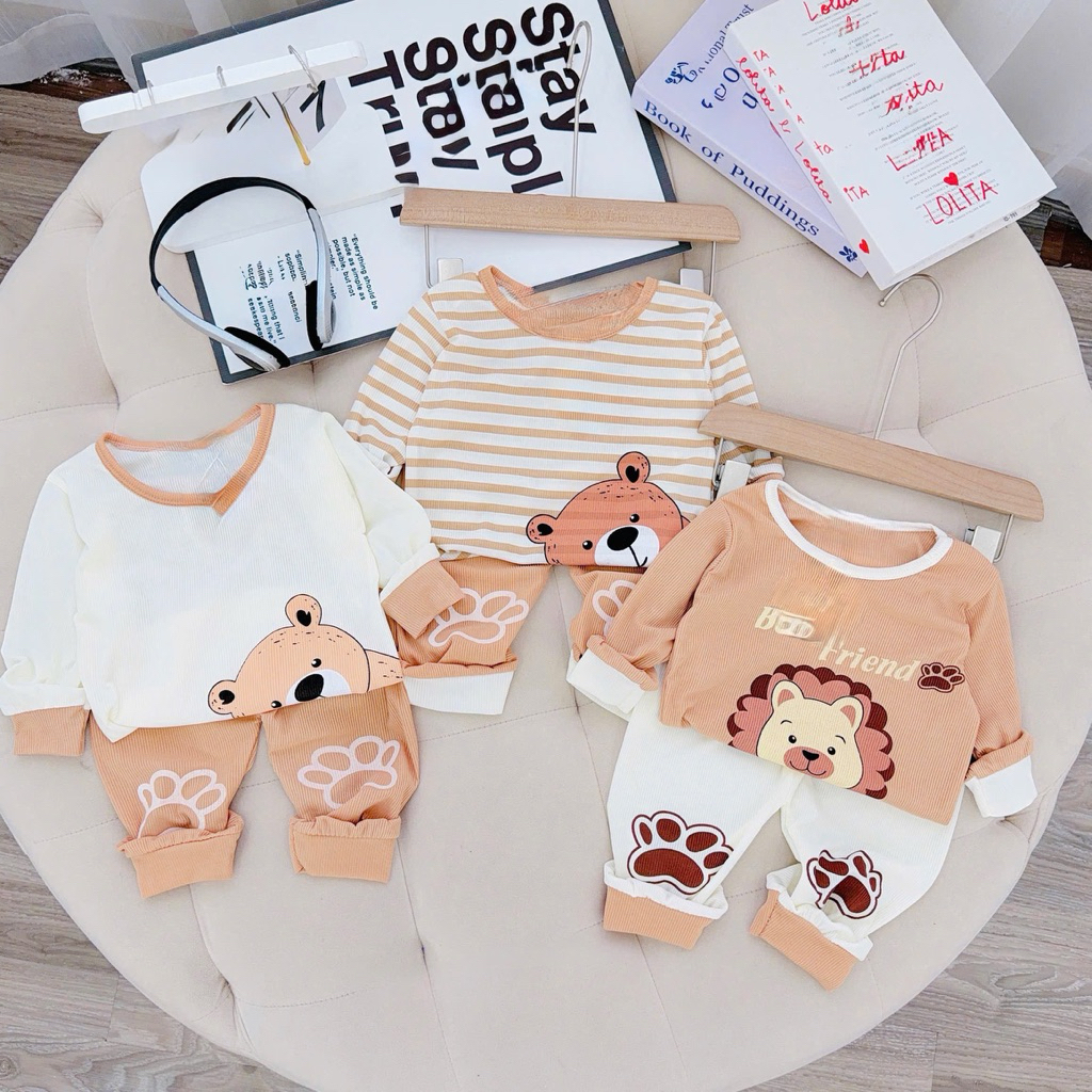 Sét bộ quần dài áo dài thun lạnh kẻ gồm 3 hình in gấu-sư tử chất thoải mái thoáng mát sz 8-20kg(V10