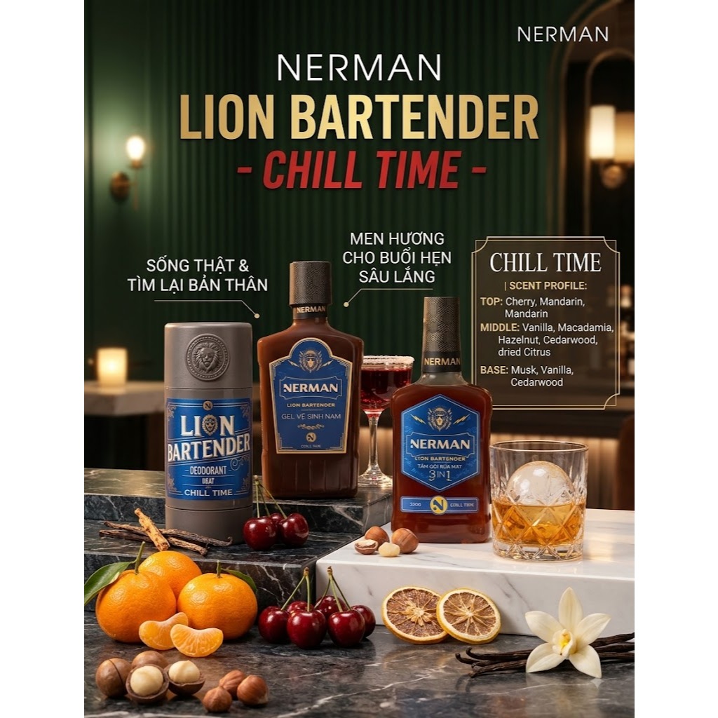 Combo say mê Nerman - Sữa tắm Lion 330g & DDVS Lion 100g & Lăn khử mùi Lion 40g - BOS