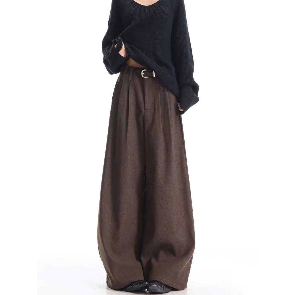Quần Tây Ống Rộng Cạp Cao Phối Xếp Ly Đôi Siêu Tôn Dáng Chuẩn Style Dark Academia