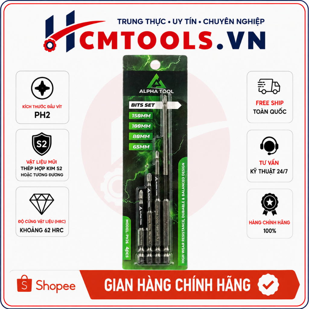 Mũi Bắn Vít PH2 AlphaTool( Cùng nhà máy Haputools ) PV26 65mm 80mm 100mm 150mm Độ cứng (HRC)  62 HRC