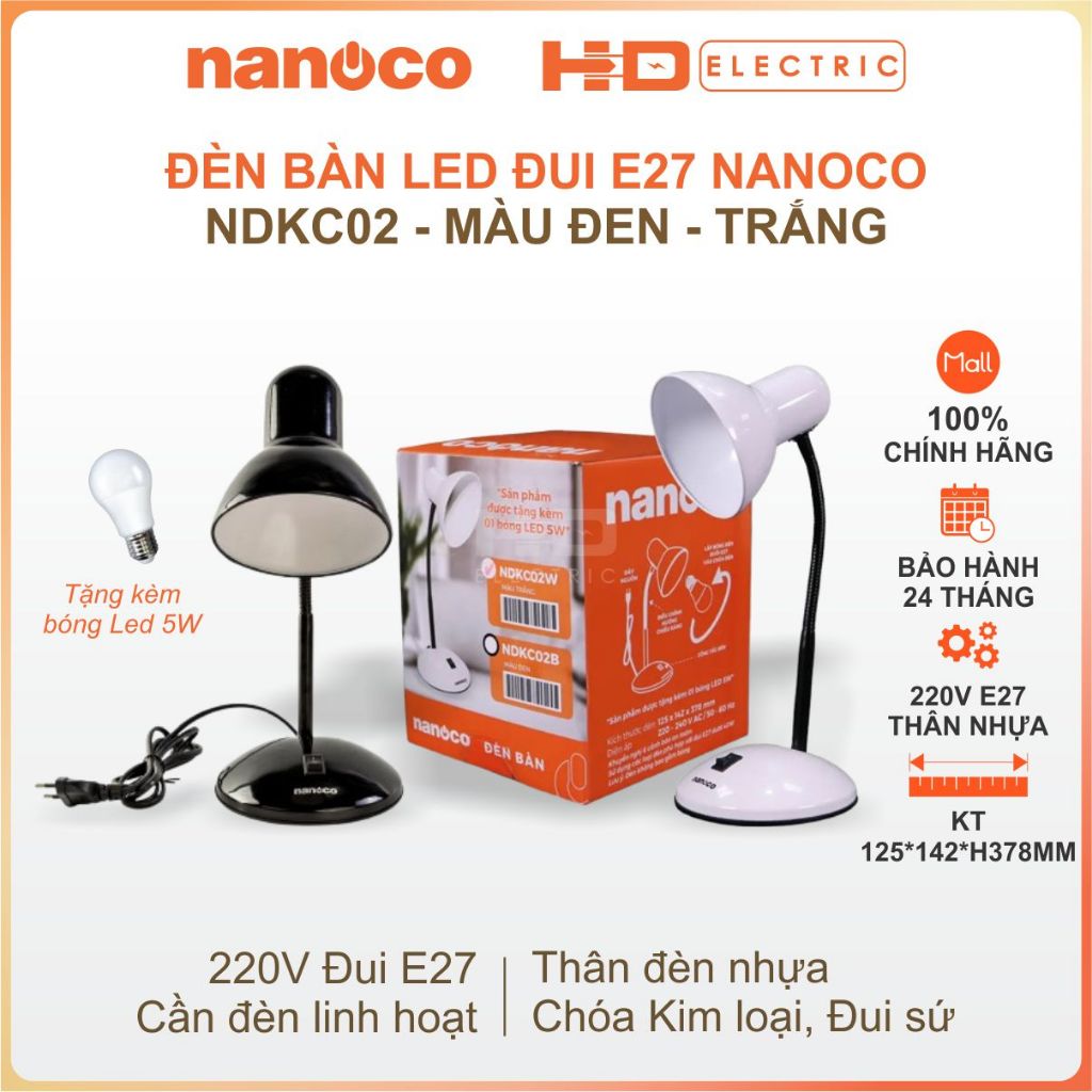 Đèn bàn đui E27 Nanoco NDKC02 màu Đen Trắng chóa kim loại đui sứ kèm bóng LED E27 5W