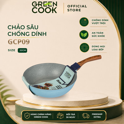 Chảo đúc đáy từ men đá xanh sapphire Green Cook với 10 lớp chống dính PFOA free GCP09