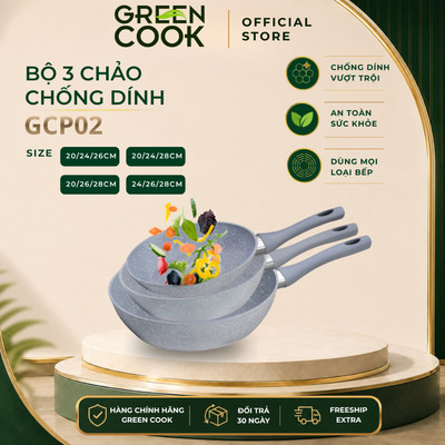 Bộ 3 chảo chống dính vân đá PFOA free đáy từ Green Cook GCP02