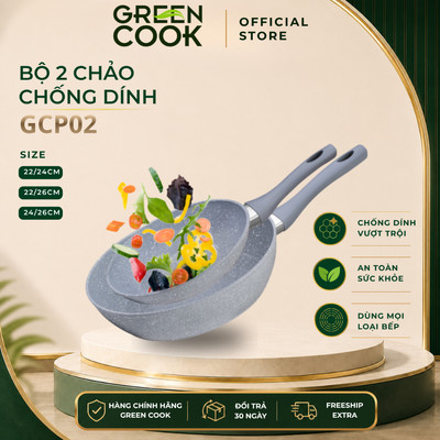 Bộ 2 chảo chống dính PFOA free đáy từ vân đá Green Cook GCP02