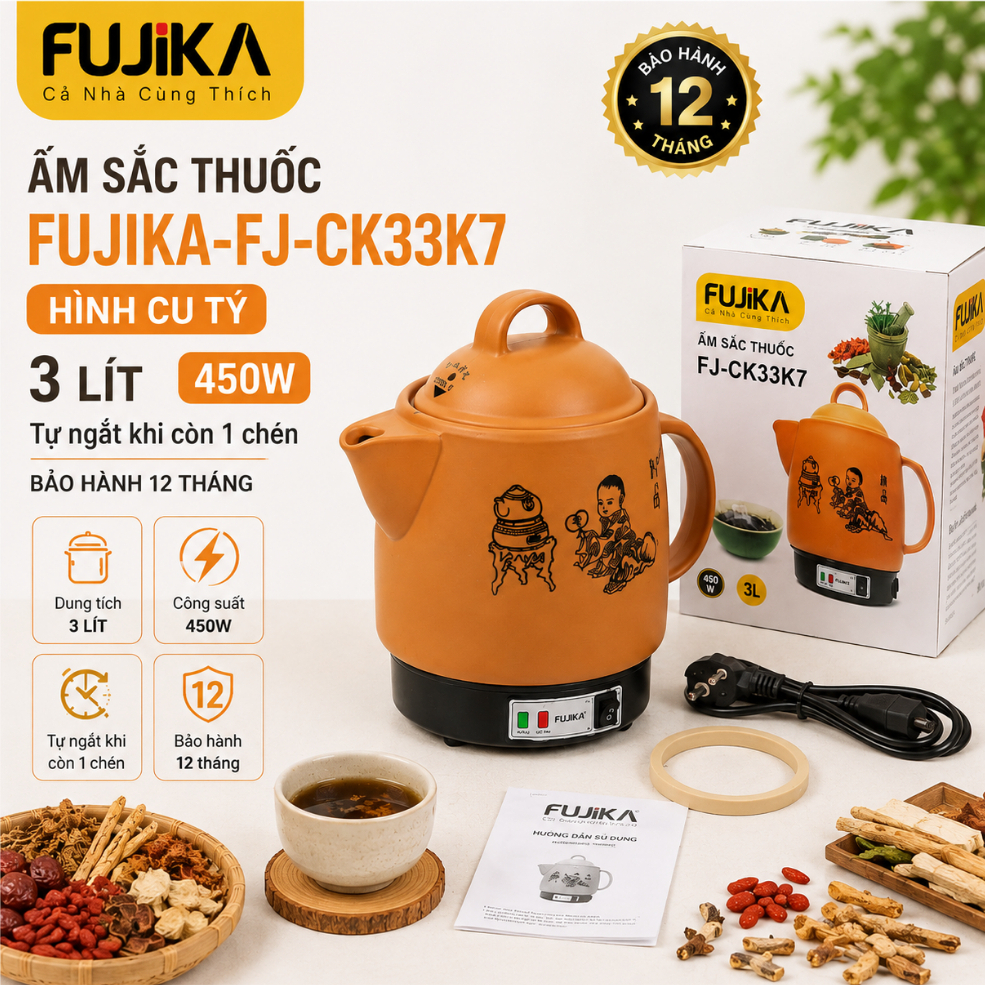 Ấm sắc thuốc FUJIKA-FJ-CK33K7 hình cu tý 3 lít 450w tự ngắt khi còn 1 chén - Bảo hành 12 tháng