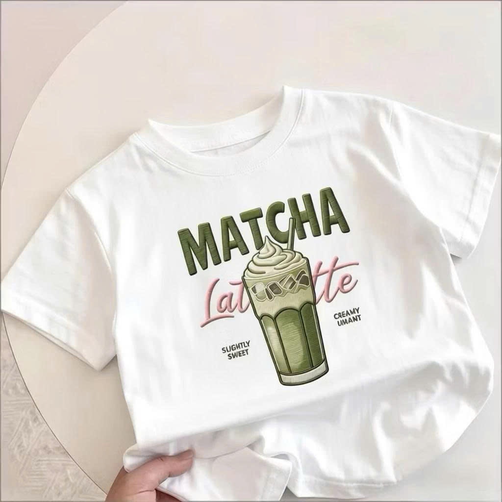 Áo Thun Bé Gái - Áo Thun Trẻ Em Matcha Latte Hình Ly Matcha Dễ Thương Chất Cotton Mềm Mịn 8kg–45kg K