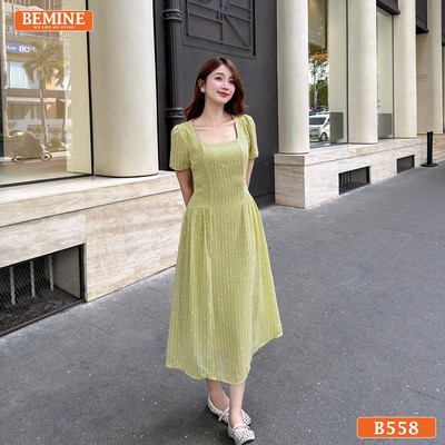 Đầm BEMINE cổ vuông voan tơ kim tuyến dáng dài phù hợp đi chơi-B558