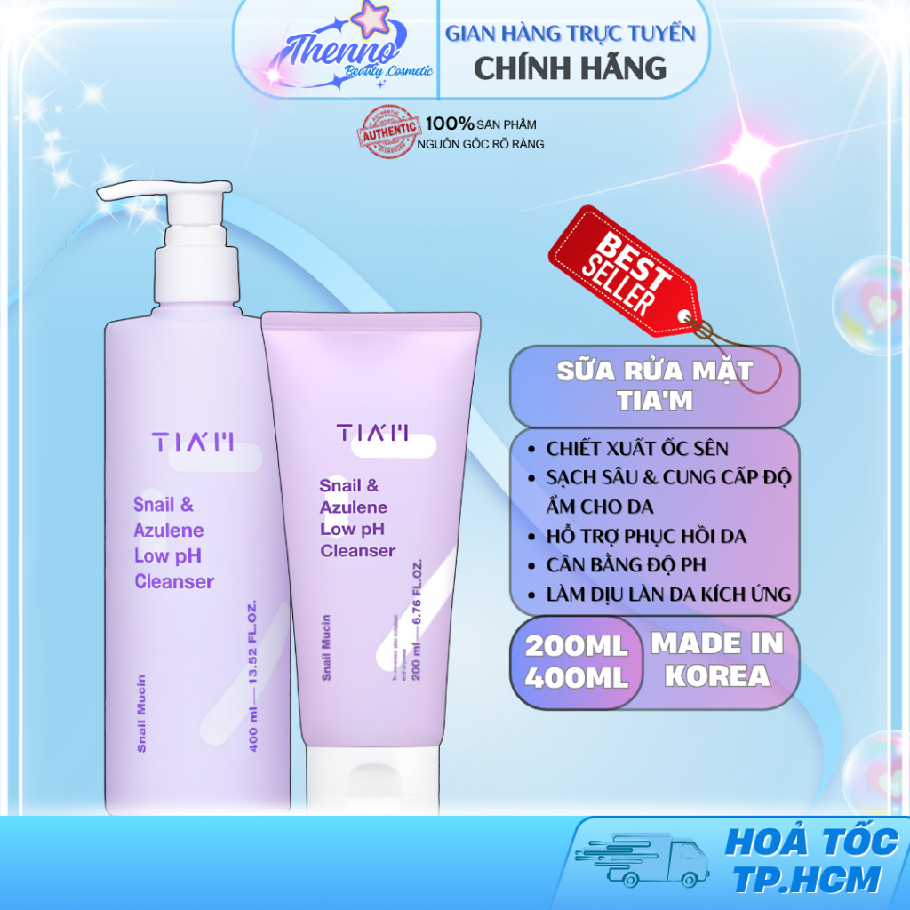 Sữa Rửa Mặt Sạch Sâu & Phục Hồi Da Tia'm Snail & Azulene Low PH Cleanser 200ml/400ml Hàn Quốc