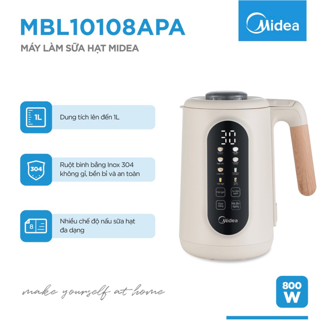 Máy làm sữa hạt Midea MBL10108APA, dung tích 1L, công suất 800W (Hàng chính hãng)