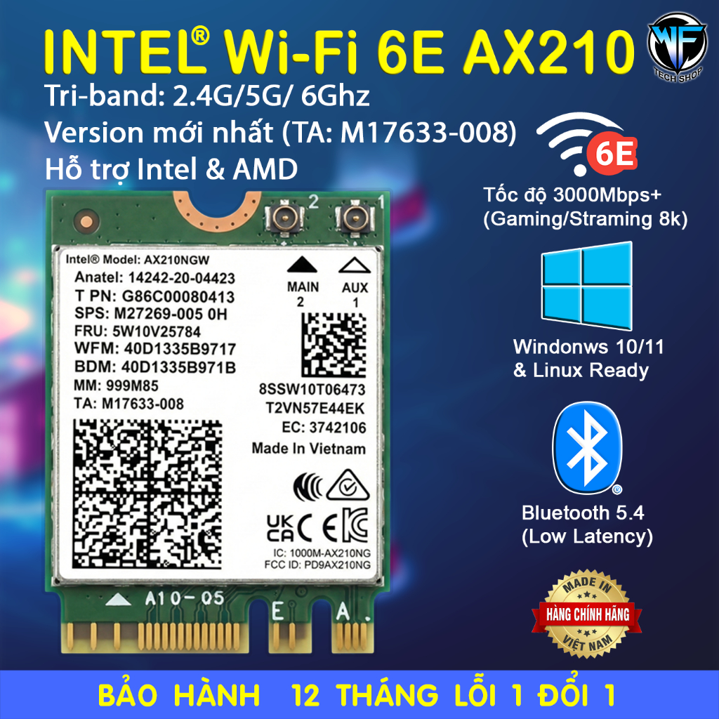 [Chính Hãng+Bảo hành 12th ] Card WIFI 6E INTEL AX210-ver 008 , BE200 Bluetooth 5.4