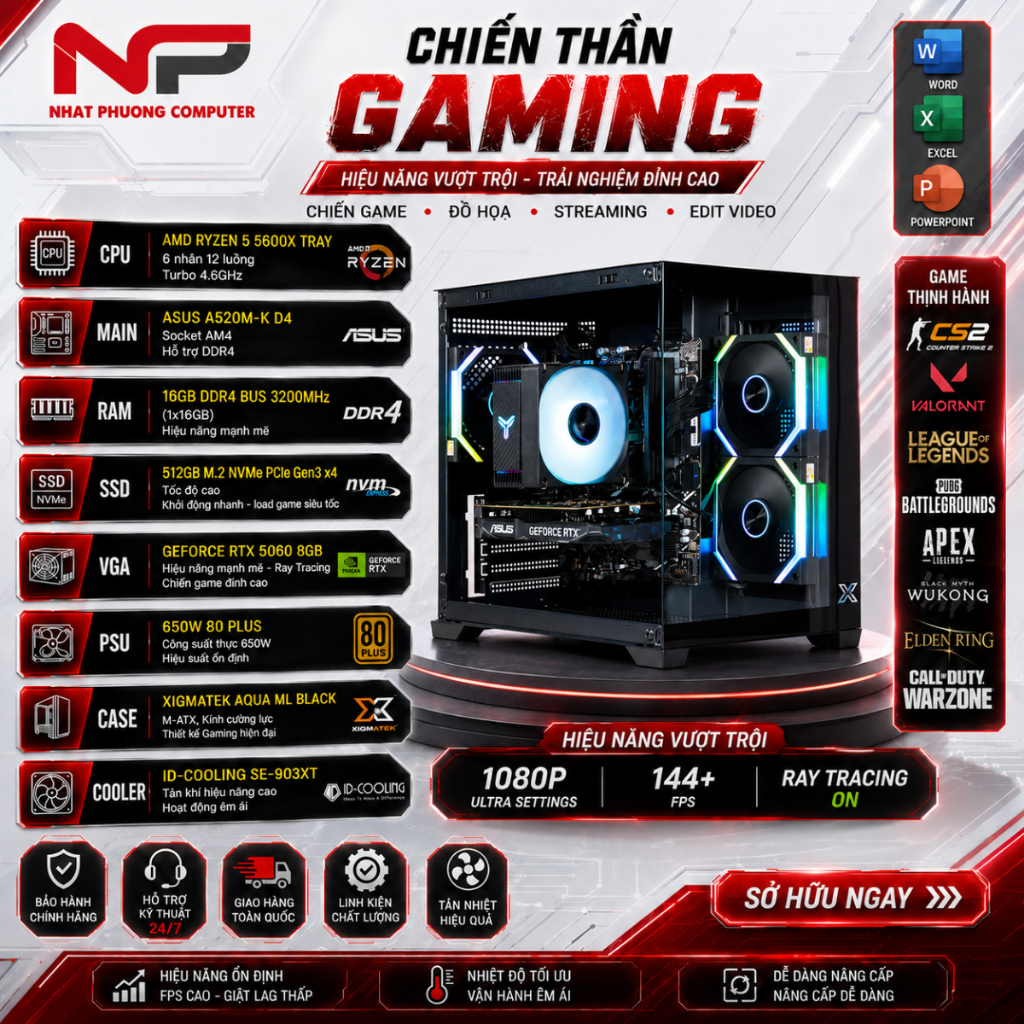 Bộ PC NPC-06 Gaming ( R5-5600X | 16GB DDR5 | RTX 5060 8GB | SSD 512GB)