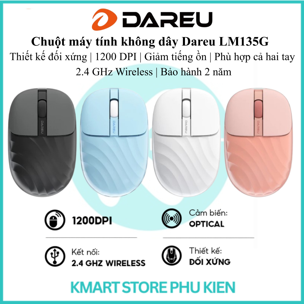 Chuột máy tính không dây Dareu LM135G | Thiết kế đối xứng | 1200 DPI | Giảm tiếng ồn | Phù hợp cả ha