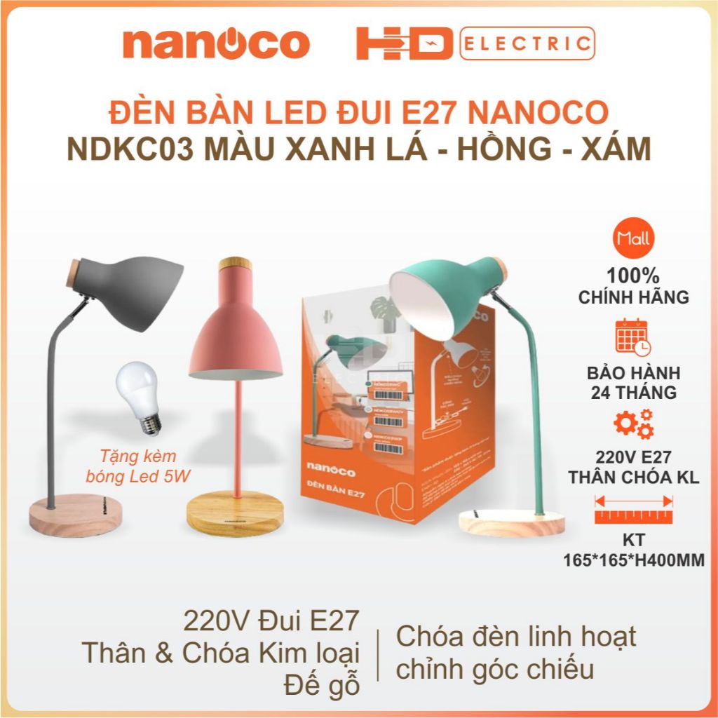 Đèn bàn Đế gỗ đui E27 Nanoco NDKC03 màu Xanh lá Hồng Xám thân chóa kim loại đui sứ bóng LED E27 5W