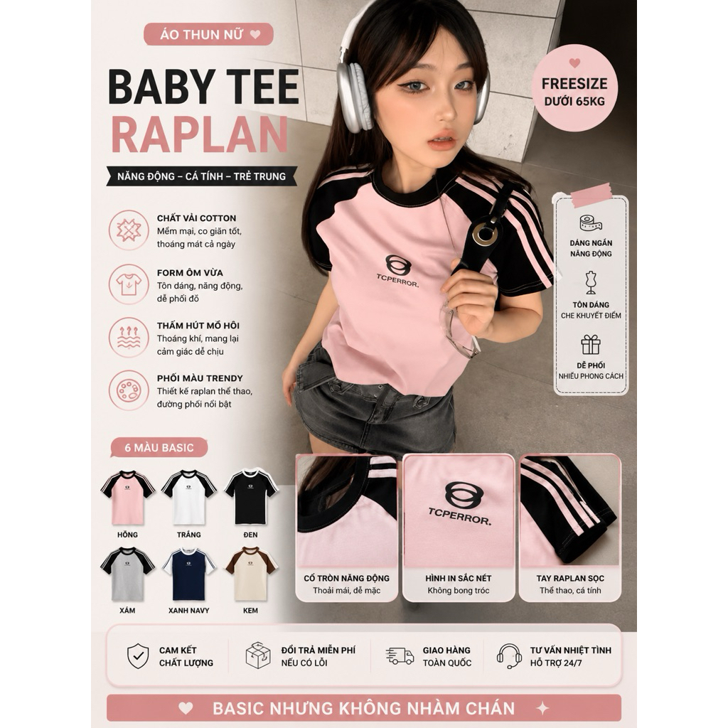 ÁO THUN BABY TEE RAGLAN ÁO HỒNG TAY ĐEN THỂ THAO DỄ PHỐI ĐỒ