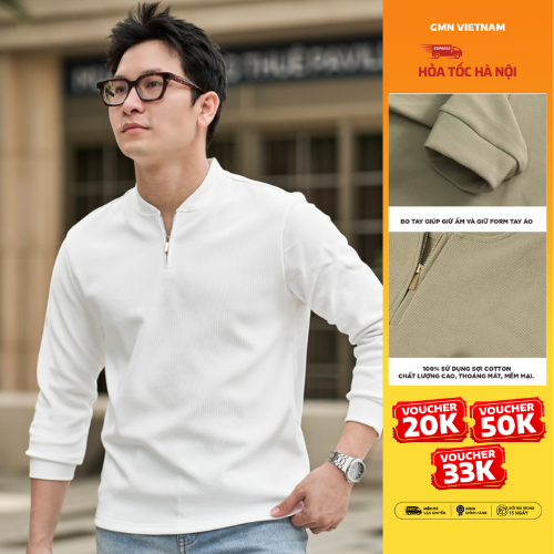 Áo sweater trơn dài tay khóa zip chữ V tiện lợi, cotton dệt dobby mềm mịn ít nhăn F25 Zip Sweater