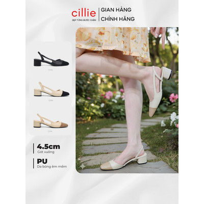 Giày Sandal Nữ Cillie Slingback Mũi Vuông Phối Nỉ Gót Vuông Cao 5p