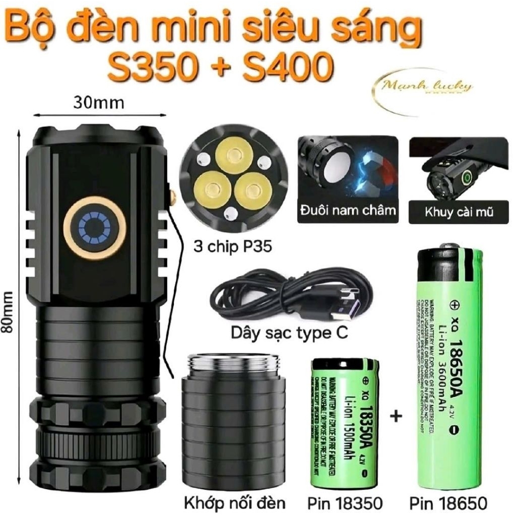 đèn pin siêu sáng s350x + s400 bản 2 pin đi kèm, thân kim loại, khánh nước