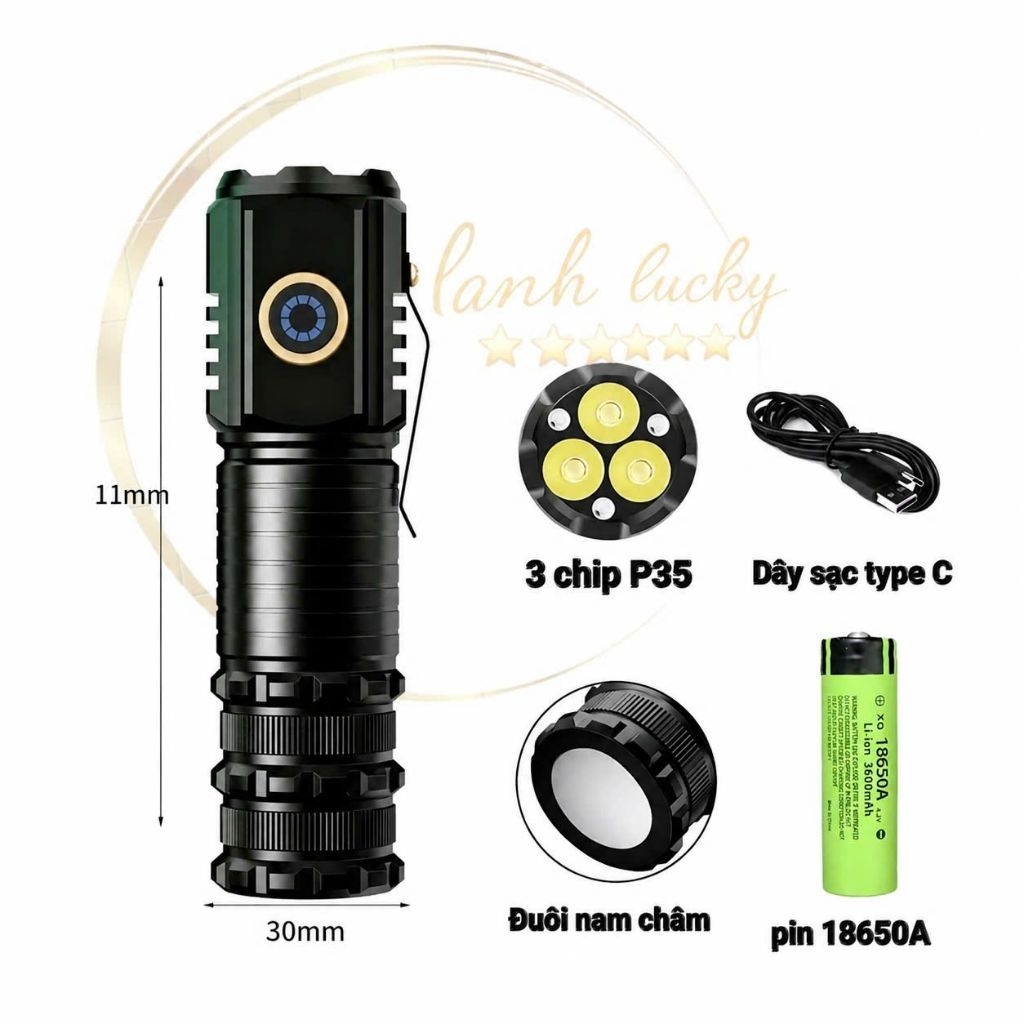 đèn pin mini siêu sáng s400 thân kim loại, pin 3600 mah