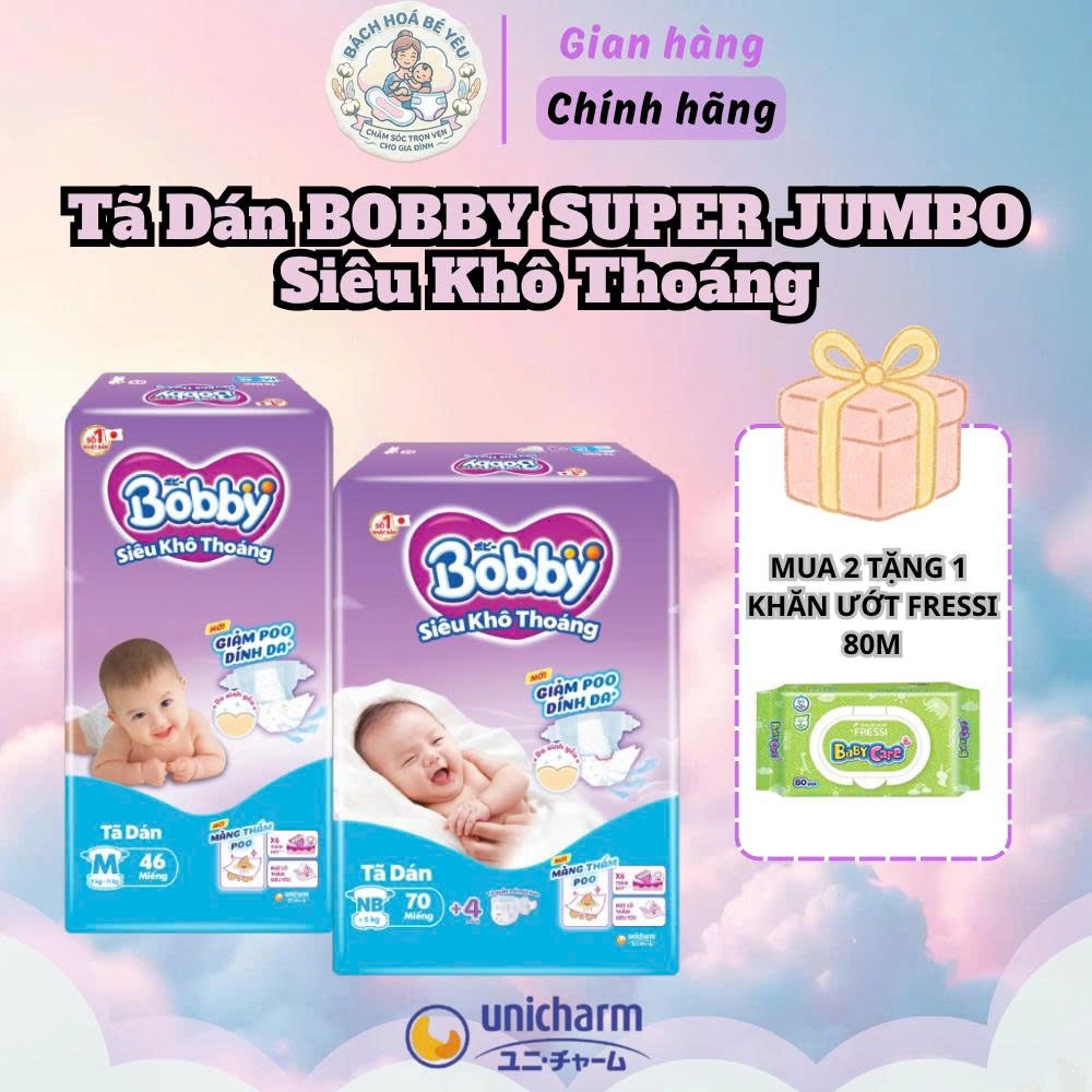 Tả dán Bobby Super Jumpo Siêu Khô Thoáng , Không Vón Cục - chính hãng Unicharm - S80/ M76/ L68/ XL62