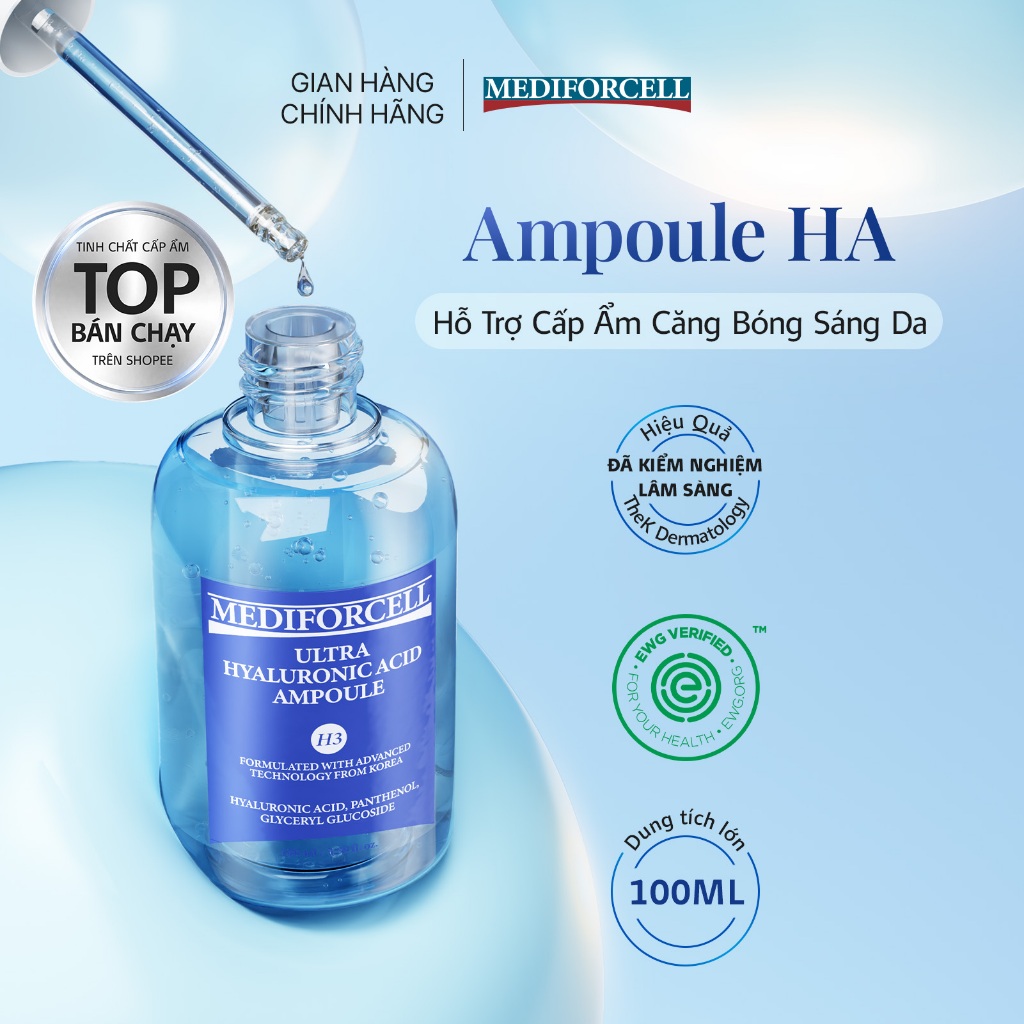 [100ml] Tinh Chất Cấp Ẩm Sâu Căng Bóng Sáng Da Mediforcell Ultra Hyaluronic Acid Ampoule 100ml