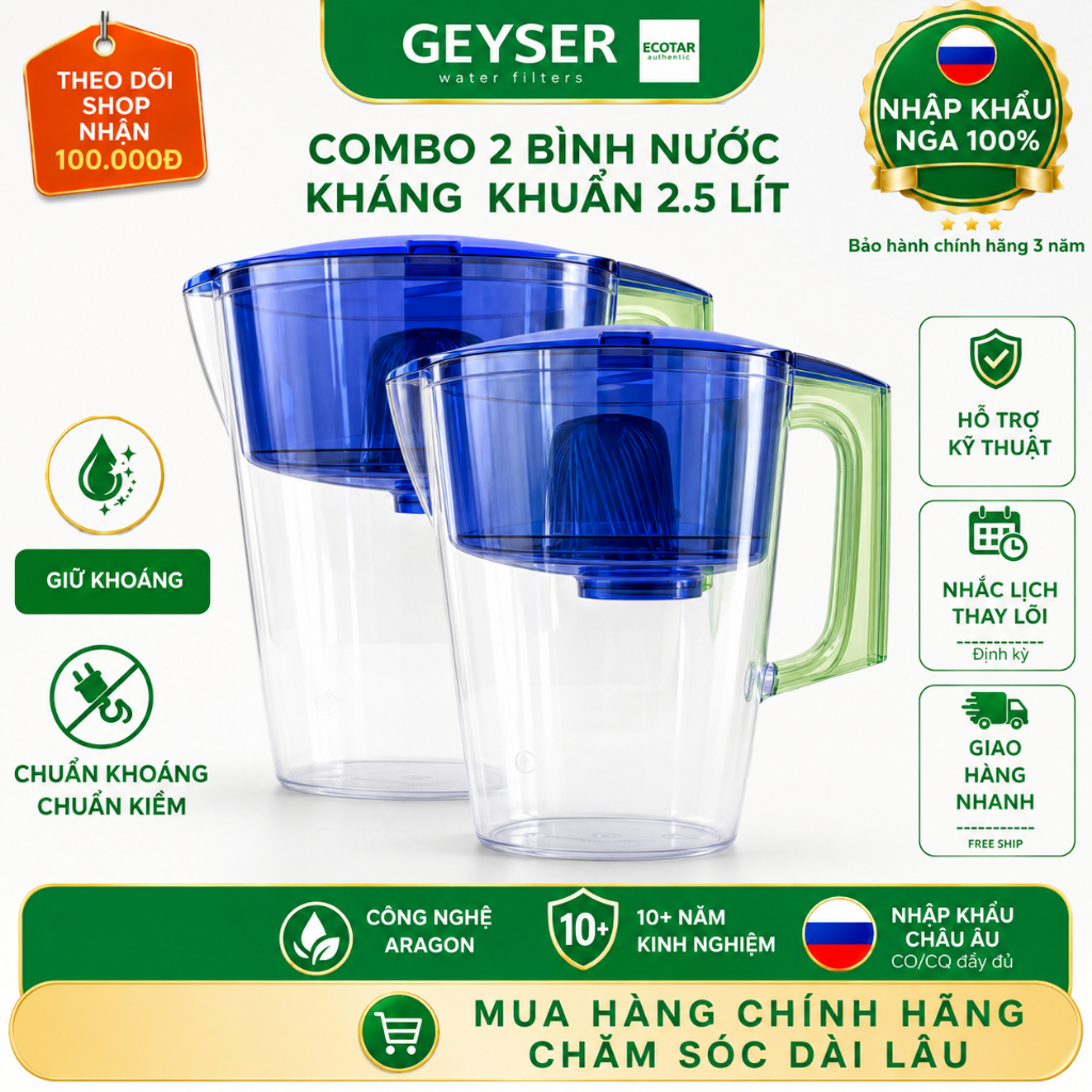 Combo 2 Bình Kháng Khuẩn 2.5L Geyser Tiện Dụng - Hàng Chính Hãng Geyser Việt Nam