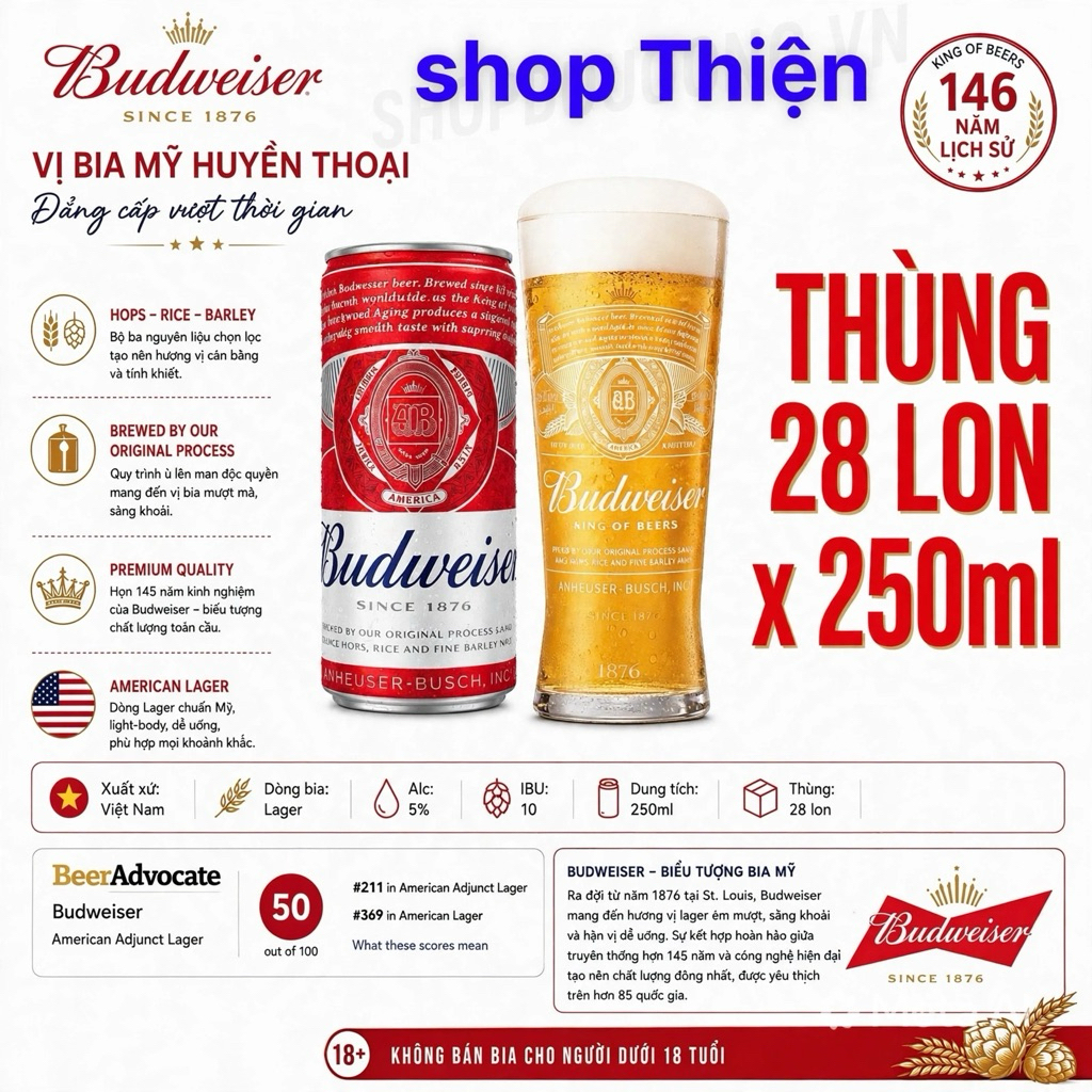 [Shop Thiện] Thùng 28 Lon Bia Budweiser 250ml - Bia Mỹ Lager 5% - King Of Beers-Date 01.2027