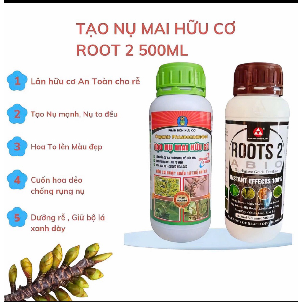 Combo Hỗ Trợ Tạo Nụ Mai Hữu Cơ Và ROOT2 - An về co Toàn Cho Cây, Hạn Chế Rụng Nụ, Dưỡng Rễ, Hỗ Trợ L