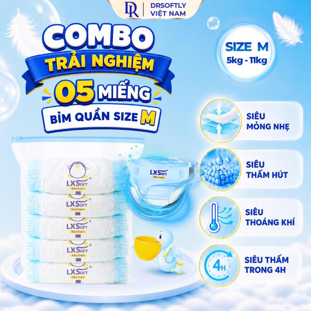[Combo TRẢI NGHIỆM 5 Miếng] Bỉm Quần LXSoft Hàn Quốc Siêu Mỏng 1.9mm, Thấm Hút Nhanh, Khô Thoáng, Ch