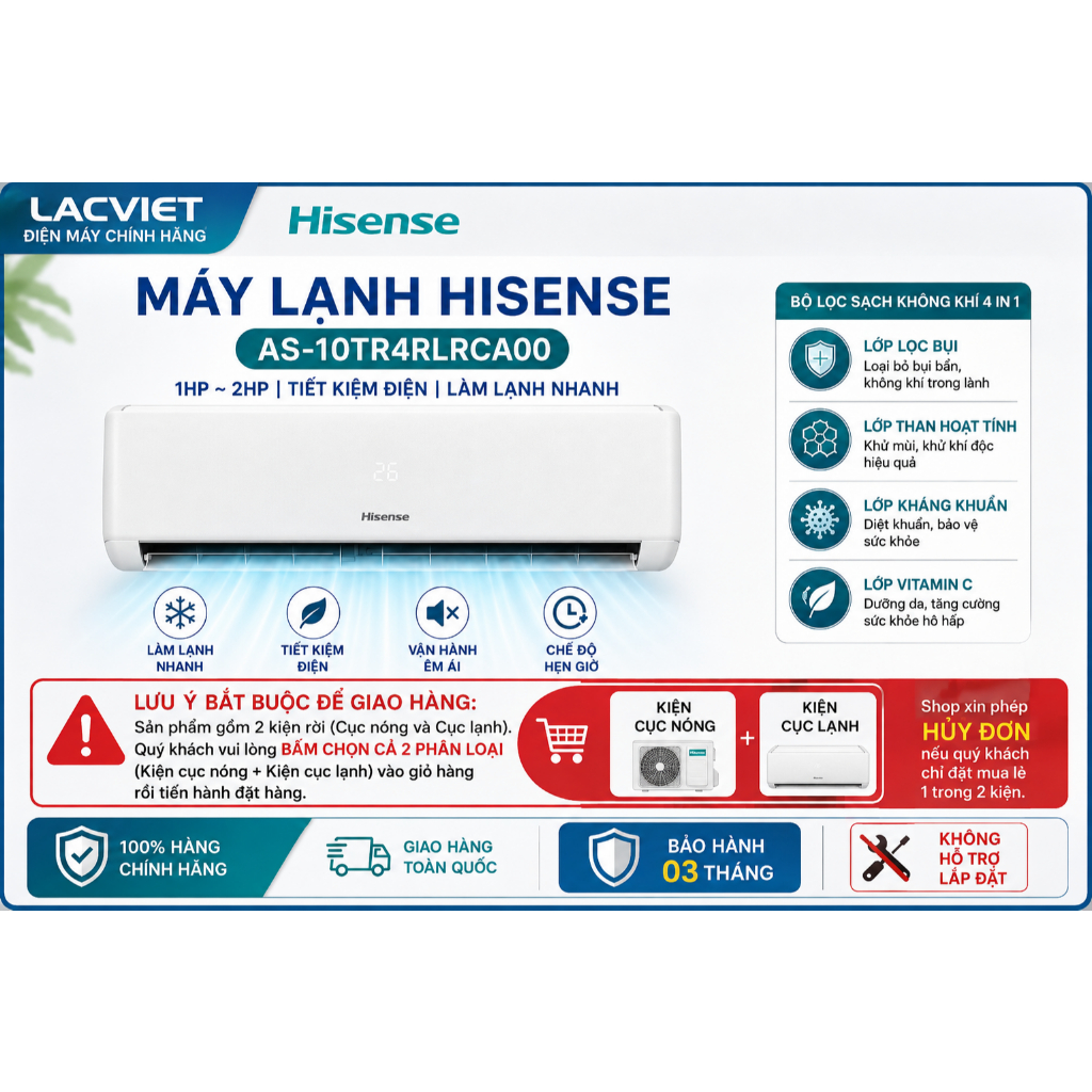 Máy lạnh HISENSE AS-10TR4RLRCA00 1HP- Inverter Tiết Kiệm Điện, bộ lọc sạch không khí 4 in 1