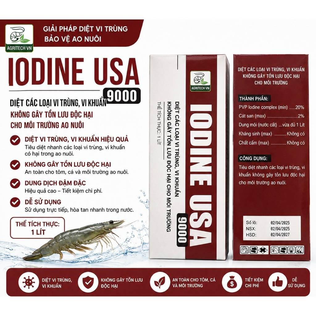 IODINE USA 9000 - Dùng sát trùng ao nuôi tôm cá, An toàn với vật nuôi