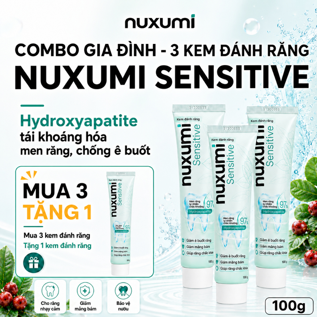 Combo 3 Kem Đánh Răng Nuxumi Sensitive, Loại Sạch Mảng Bám, Tái Khoáng Men Răng, Giảm Ê Buốt 100g